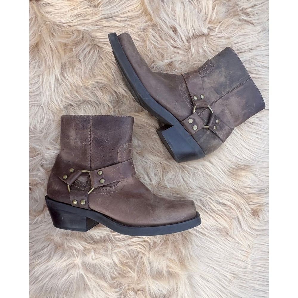 Brown Leather Harness Ankle Boots Western Moto Square Toe Size 7 Madison Studio